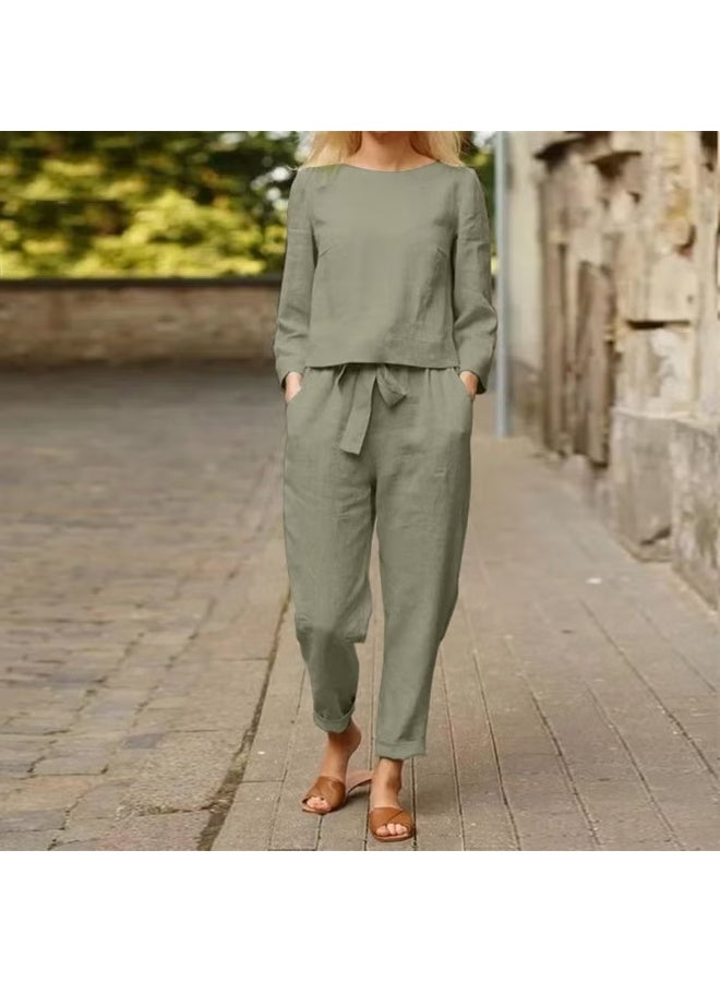 Barbora Linen Casual Waist Belted Women's Two Piece Set Bottom Top LN01HAKI11 - Image 1